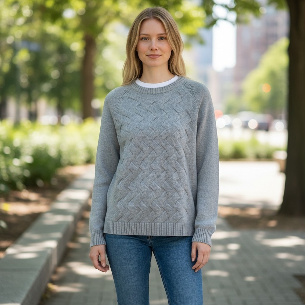 Lands End 1X Drifter Sweater Grey Cable Knit Preppy Classic